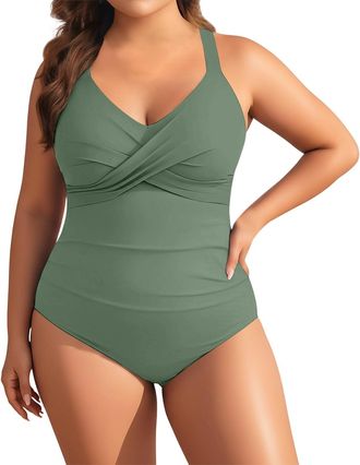Generic Womens Plus Size Swimsuits V Neck Ruched Tummy Control Monokinis Bathing Suit Slim Fit Swimming Costume for Pool Beach Holiday Casual Swim Wear Light 