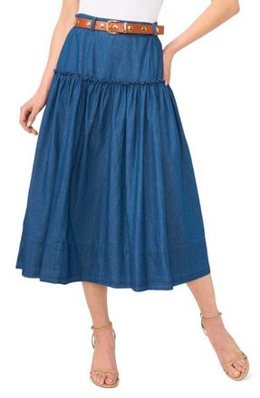 CeCe by Cynthia Steffe Tiered Belted Denim Midi Skirt in Mid Indigo at Nordstrom, Size 10