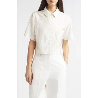Nellie Partow Tilden Crop Short Sleeve Button-Up Shirt in Ivory at Nordstrom, Size 10