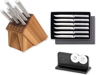 Rada Essential Oak 8 Piece Knife Block Set with Knife Sharpener & 6 Piece Steak Knife Set in Silver at Nordstrom
