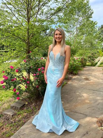 Jovani Shimmer Lace Gown In Light Blue