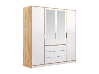 Vente-Unique Armario 4 puertas y 3 cajones - Con espejos - Ancho 196 cm - Color: Natural y blanco - LAMIKI