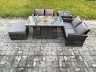 Fimous 5 Pieces Garden Furniture Sets Poly Rattan Outdoor Patio Gas Firepit Dining Table Sofa Set with Side Table Big Footstool in Dark Grey