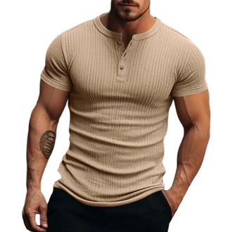 Generic Henley Shirts for Men Short Sleeve Ribbed T-Shirts 4 Buttons Down Shirt Casual Muscle Stretch Blouses Slim Fit Tops Camisa De Hombre Manga Corta(Khaki