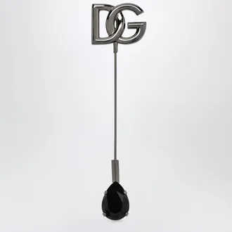 Dolce & Gabbana DG logo brooch with crystals in brass, ruthenium