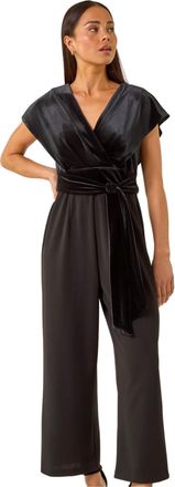 Roman Womens Petite Velvet Contrast Jumpsuit - Black - Size 16 UK