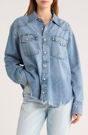 Re/Done Distressed Western Stud Denim Shirt in Vintage Biker Blue Stud at Nordstrom Rack, Size Medium