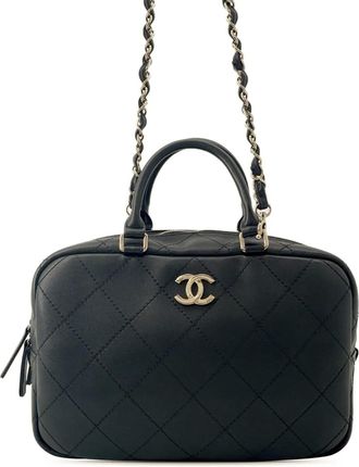 Chanel 2021-2025 CC Calfskin Diamond Stitched Top Handle Bowling Bag satchel - Nero