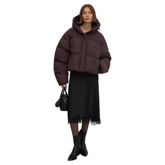 Estro & Luminara Winter Jackets, female, Brown, Size: XS Womens Short Dark Brown Puffer Jacket with High Collar for Winter Estro Er00117989