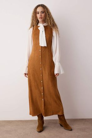 Trendyol Modest Dames Bruin Effen Maxi Mouwloos Zakelijk Recht Modest Jurken