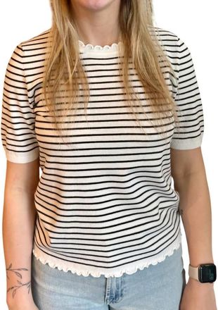 Oui Short Sleeve Striped Sweater In Off White Brown