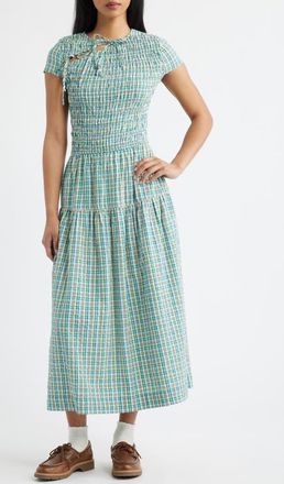 Damson Madder Ebba Plaid Cutout Detail Organic Cotton Dress in Teal Multi at Nordstrom, Size 14 Us
