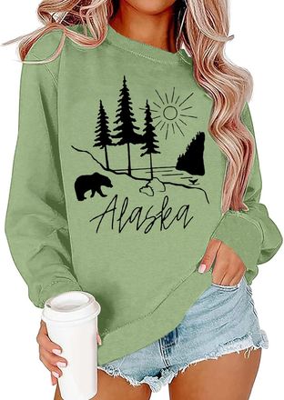 Generic Women Alaska bear Print Sweatshirt Crew Neck Long Sleeve Tops Basic Jumper Tunic Blouse Shirts
