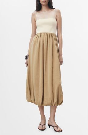 Mango Mixed Media Bubble Hem Midi Dress in Medium Brown at Nordstrom, Size 10