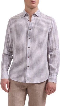 Bugatchi Karl Shaped Fit Gingham Check Linen Button-Up Shirt in Navy at Nordstrom, Size Xxx-Large