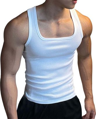 Generic MenS Sleeveless Vests With Square Neck Ribbed Tank Top Men Quick Dry-Airy Sun Protection Tank Top Tropical Holiday Beach Gym Sport Casual Vest Stretch