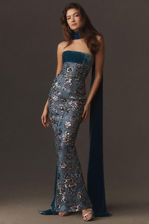 Sau Lee Adrian Strapless Embroidered Fitted Maxi Dress