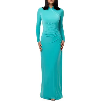 Naked Wardrobe Overlay Long Sleeve Body-Con Maxi Dress in Turquoise at Nordstrom, Size Small