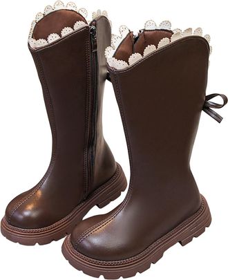 Generic Girls High Top Faux Leather Lace-Up Boots with Side Zipper, Chunky Heel Knee High Fashion Shoes for Girls(Brown,11.5-12 Little Kid)