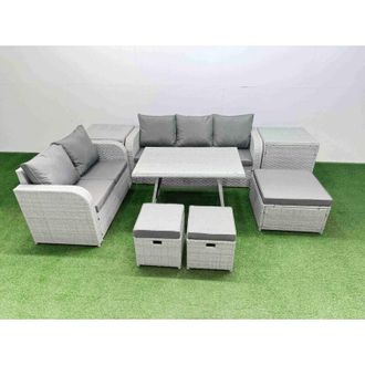 Fimous Outdoor pe Rattan Garden Furniture Set Rectangular Dining Table Sofa Set with 3 Stool 2 Side Tables Light Grey - Fimous