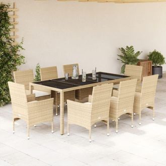 vidaXL Set Comedor Jard&iacute;n 9 Pzas Cojines Rat&aacute;n Sint&eacute;tico Vidrio Beige Vidaxl