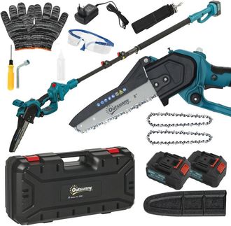 OUTSUNNY Mini Motosierra Bateria 8 Pulgadas 6000mah Con 580w Motor Sin Escobillas 2 Bater&iacute;as Palo Telesc&oacute;pico Y Doble Bloqueo Para Podar &Aacute;rboles - Outsunny