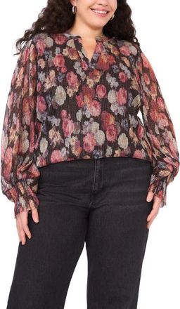Vince Camuto Metallic Floral Plissé Top in Rich Black at Nordstrom, Size 2X