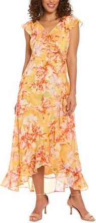 London Times Floral Ruffle Maxi Dress in Yellow Pink at Nordstrom Rack, Size 10