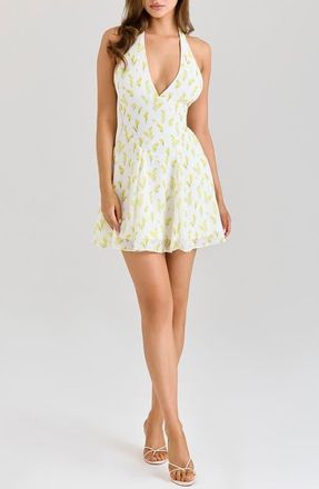 House of CB Iris Floral Halter Minidress in Lemon Floral Print at Nordstrom, Size X-Small