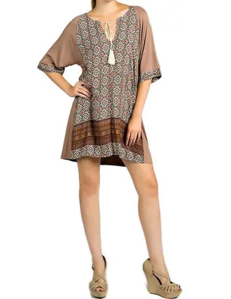 Greek Archaic Kori Mixed Print Tassel Tie Dress In Taupe