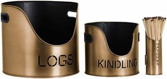 Hill Interiors Logs and Kindling Buckets and Matchstick Holder - Metal - H32 cm - Bronze