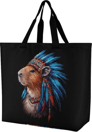 Generic Vintage Capybara Indian Chief Reusable Shopping Bags Large Capacity Grocery Bag Heavy Duty Tote for Women 40x40x16cm