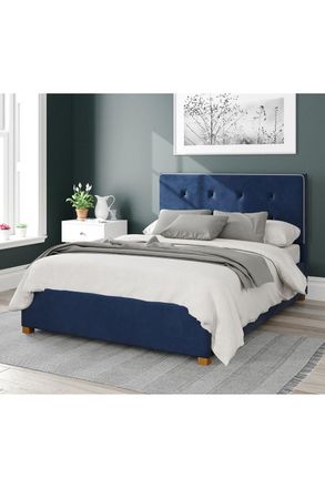 Aspire Home Accents Presley Upholstered Ottoman Storage Bed, Plush Velvet Fabric in Navy | Size: Small Double