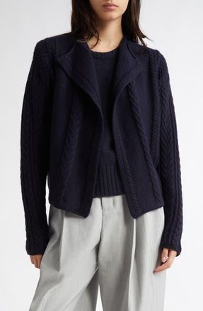 Johnstons of Elgin Aran Waterfall Collar Cashmere Cable Stitch Cardigan in Dark Navy at Nordstrom, Size X-Small