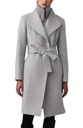 Mackage Norita Belted Double Face Wool Coat with Wool Blend Bib in Grey Melange at Nordstrom, Size X-Large