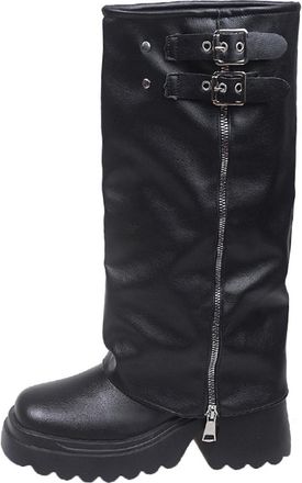 Generic Black Stylish Knee High Boots with Chunky Heel and Functional Zipper for A Elevated Casual Look During Chilly Days