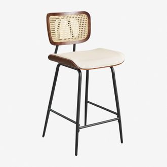 Sklum Pack De 4 Taburetes Altos En Madera, Rat&aacute;n Y Polipiel Raysa Sklum