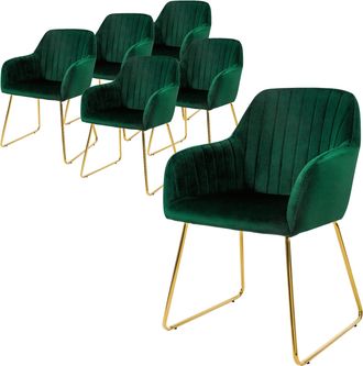 ML Design Ml-design 6x Sillas De Comedor Color Verde Ergon&oacute;micas Asiento Tapizado Aspecto De Terciopelo Con Respaldo Y Reposabrazos Patas De Metal Sill&oacute;n Modern