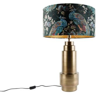 QAZQA Table Lamp Bronze Velvet Shade Peacock Green with Gold 50 cm - Bruut