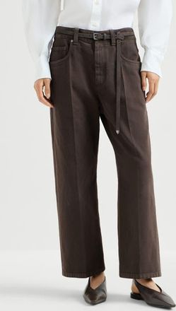 Brunello Cucinelli Dyed denim contemporary square trousers with monili in Pine Cone Brown at Nordstrom, Size 52