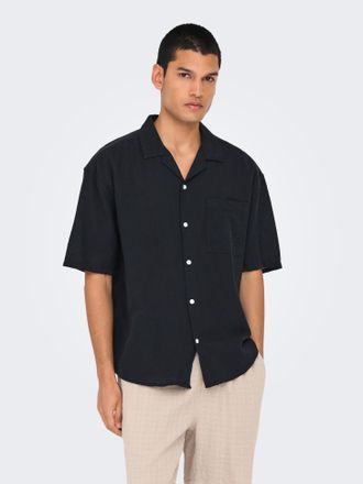 Only & Sons Kurzarmhemd ONLY & SONS ONSCAIDEN LIFE RELAX SS RESORT 1PKT SHIR, Herren, Gr. S, N-Gr, schwarz, Web, Obermaterial: 55% Baumwolle, 45% Leinen, unifarbe