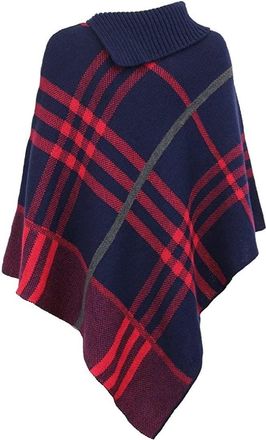 Crazy Girls Womens Check Printed Ladies Stretch Knitted Collared Cape Wrap Shawl Jumper Poncho Top (One Size, Navy)