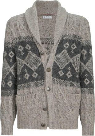 Brunello Cucinelli Virgin-wool, Silk And Cashmere Chin&eacute; Cable-knit Cardigan With Intarsia