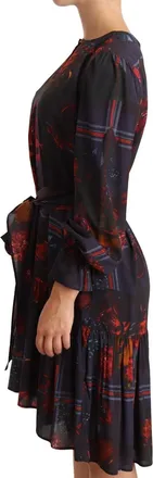 Ballantyne A-line Navy Blue Floral Silk Long Sleeve Knee Length Womens Dress (Pre-Owned)