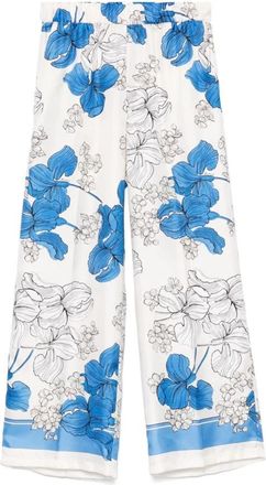 P.A.R.O.S.H. Blauwe broek met bloemenprint en elastische tailleband - Dames - Wijde Broeken - Blauw - XS - Broeken