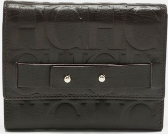 Carolina Herrera Dark Brown Monogram Leather Trifold Wallet