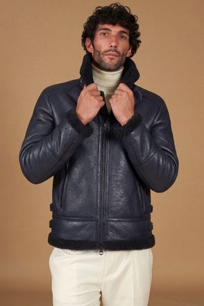 D'Arienzo Montone blu Shearling biker uomo collo camicia con fibbia DArienzo, Seleziona Taglia 48, Colore Blu