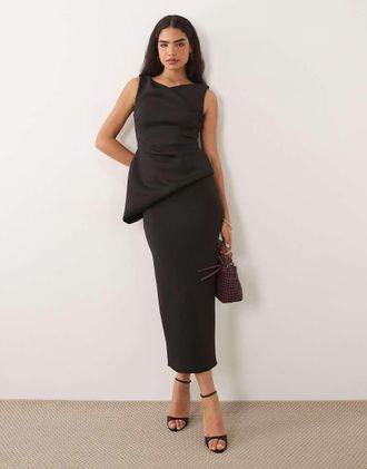 Asos midi asimmetrico drappeggiato in tessuto stile scuba nero