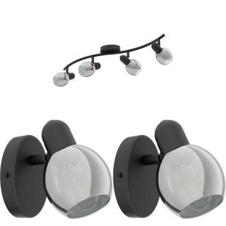 Loops Quad Ceiling Spot Light & 2x Matching Wall Lights Black Vaporized Glass Shade
