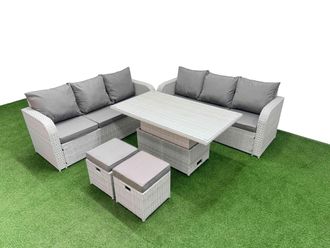 Fimous Outdoor Garden Furniture Sets 8 Seater Wicker Rattan Furniture Sofa Sets w/ Adjustable Lifting Dining or Coffee Table high Back Lounge Sofa